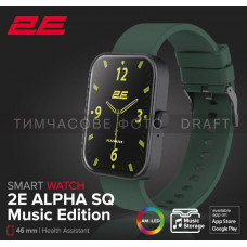 Смарт-годинник 2E Alpha SQ Music Edition 46мм, Чорно-зелений (2E-CWW40BKGN)